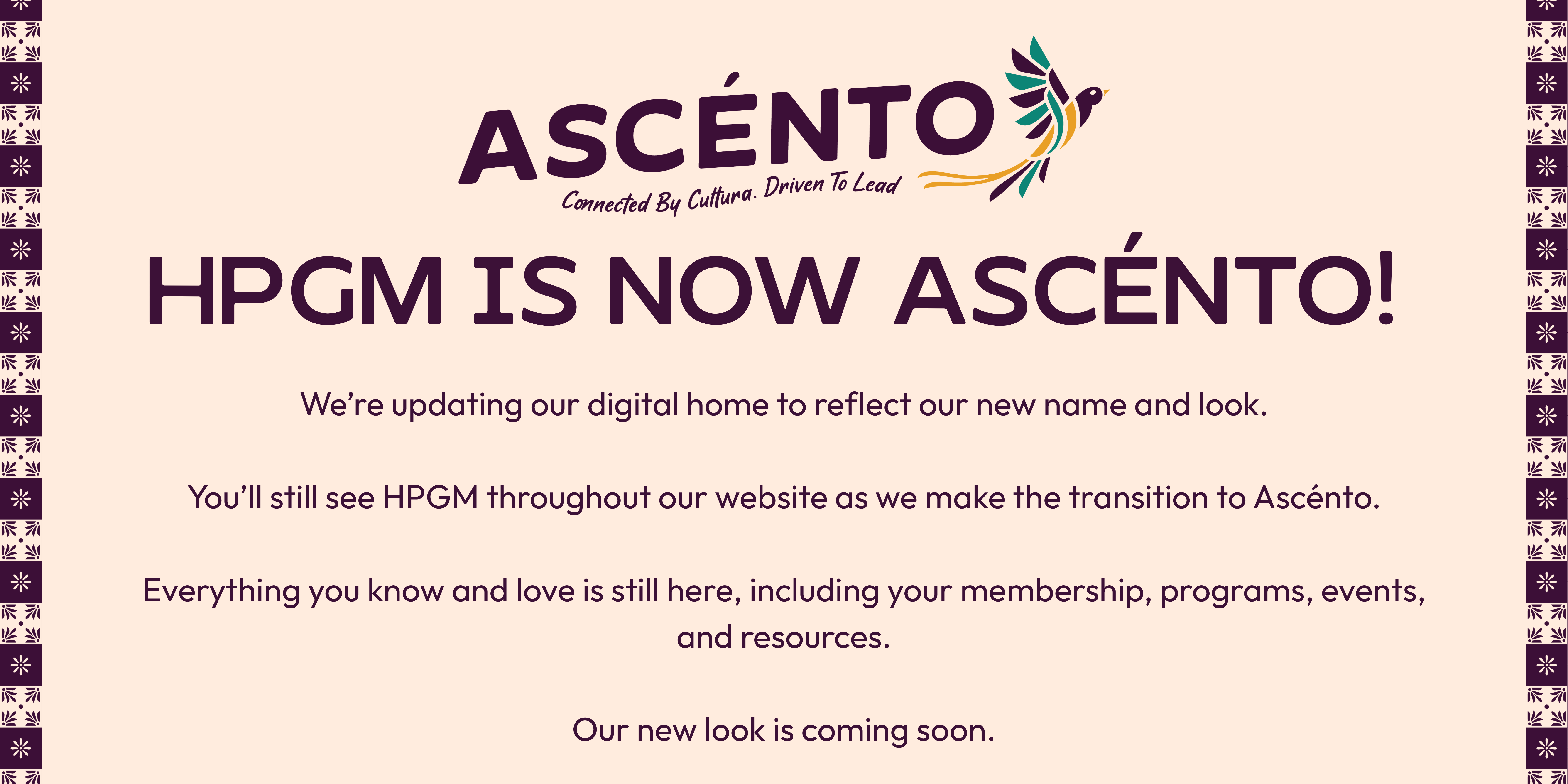 HPGM is now ASCÉNTO. Connected by cultura. Driven to lead.